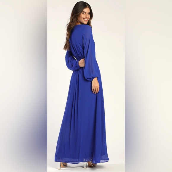 Lulus Cobalt Blue Long Sleeve Maxi Dress Front Slit Size S NWT - Picture 2 of 12